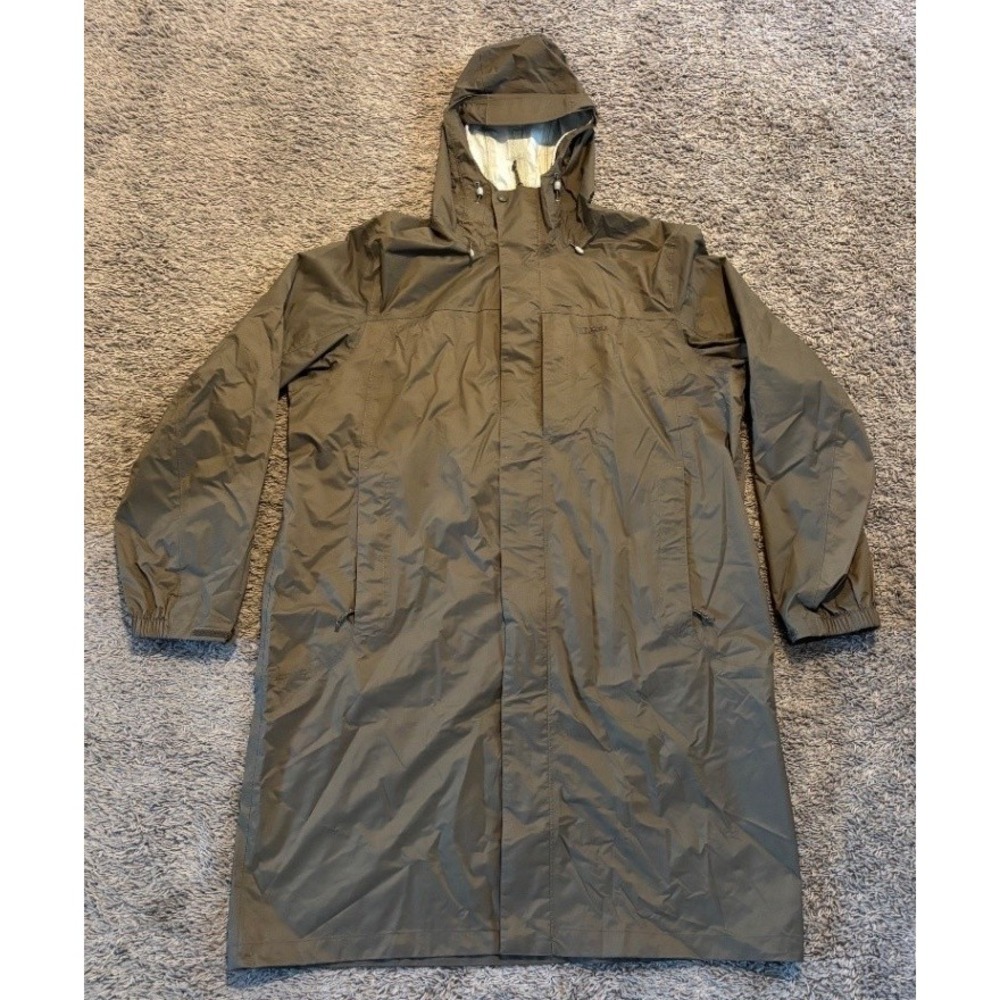 L.L. Bean Mens Hooded Long Rain Coat Large Olive Nylon Shell Jacket 268318